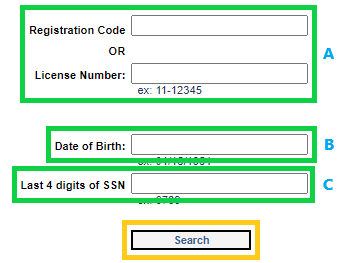 Form with required fields highlighted in green and the search button highlighted in yellow