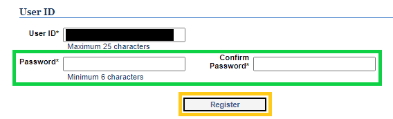 Form with password and confirm password highlighted in green and the Register button highlighted in yellow